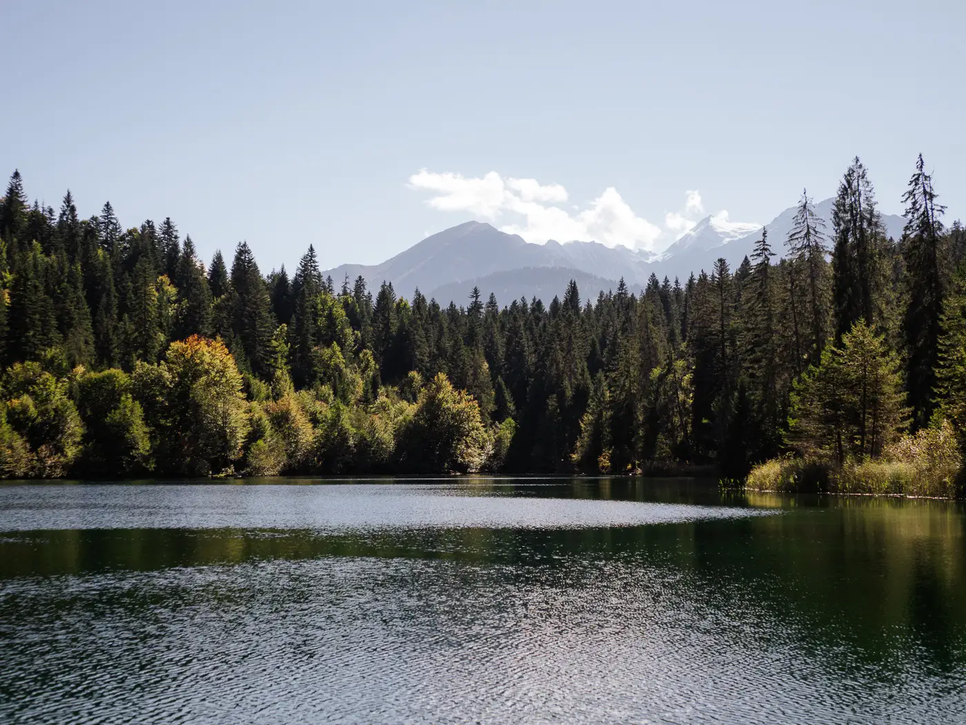 Cestasee mit Berge im Hintergrund